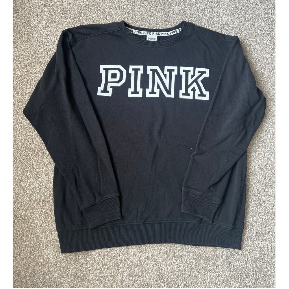 Victorias Secret PINK Campus Crewneck Sweatshirt Medium Black White Varsity Logo